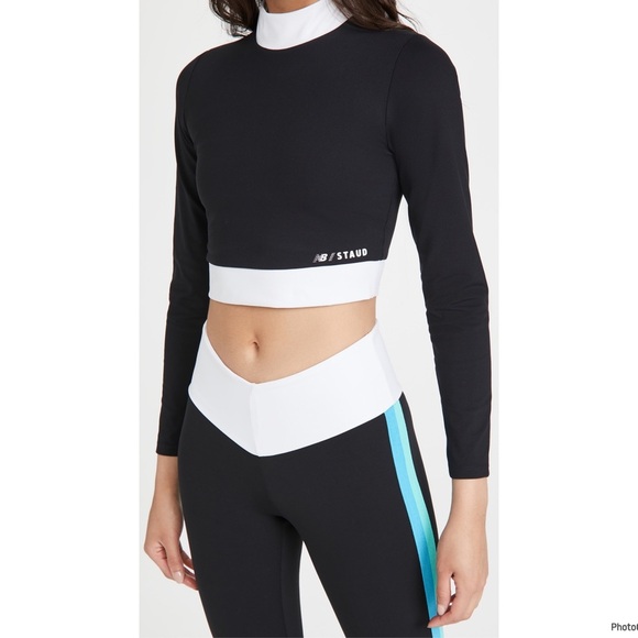 STAUD X NEW BALANCE Mock Neck Long Sleeve Crop Top Black and White Size S - Picture 2 of 8